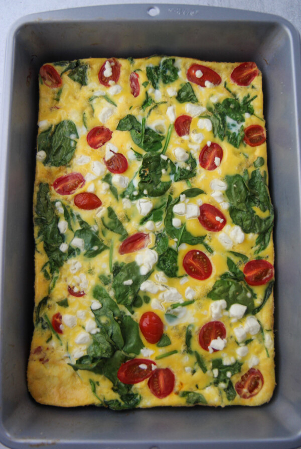 9x13 spinach and goat cheese frittata casserole up close.