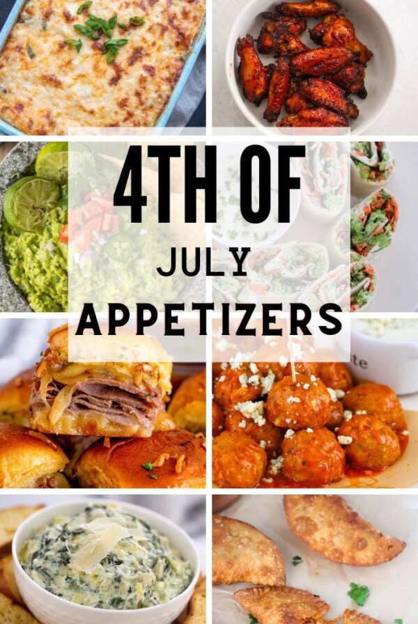 8 photo collage with 4th of july appetizers and font.