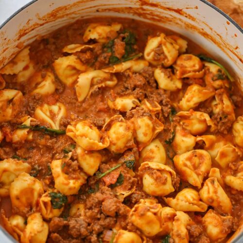 One Pot Tortellini with Beef and Spinach - Cooked by Julie