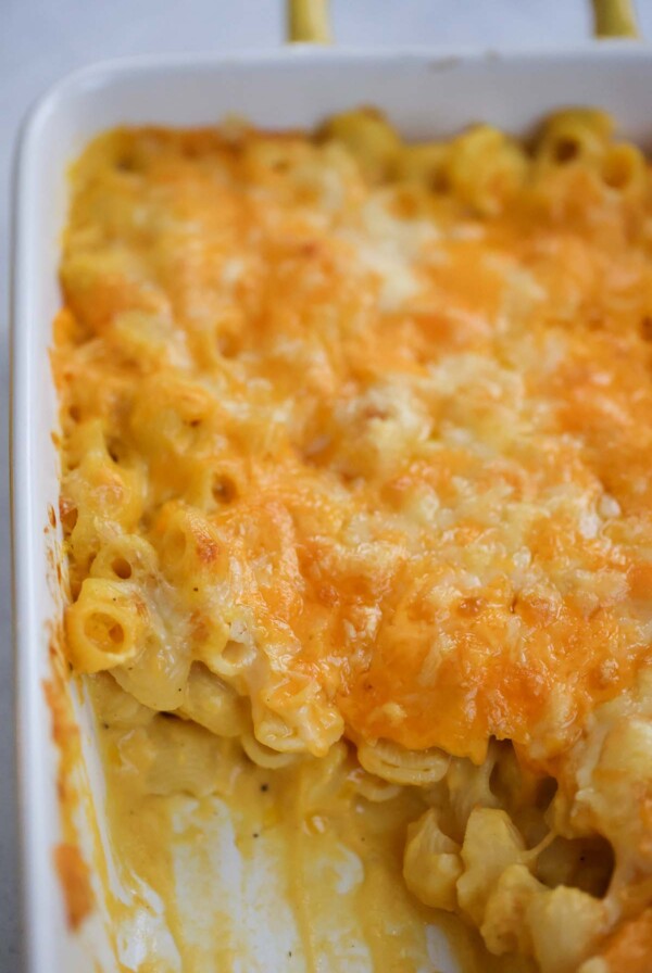 butternut squash mac and cheese in a casserole.