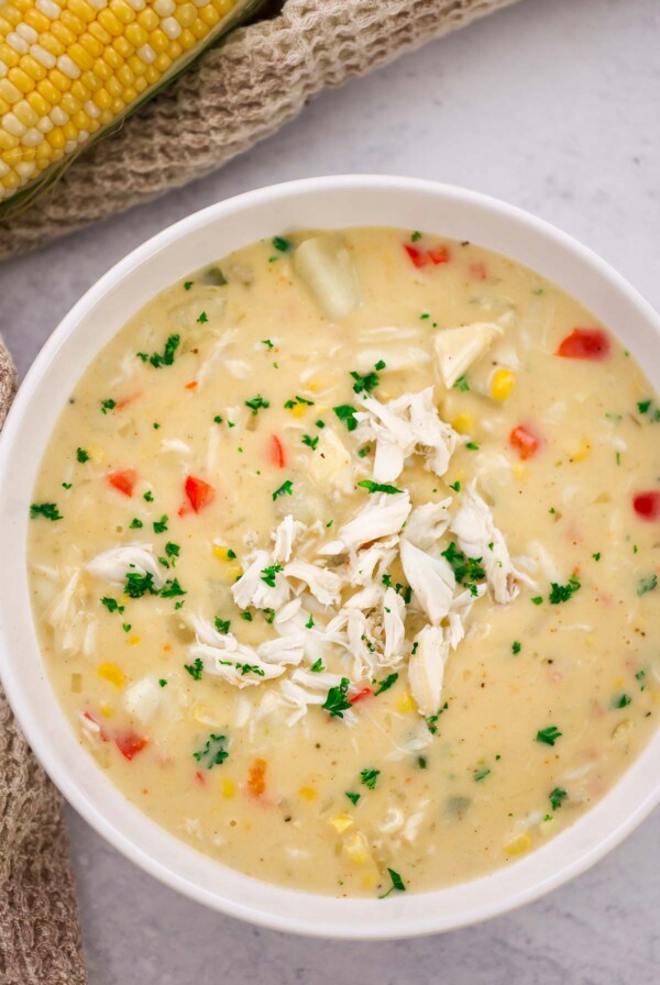 crab and corn bisque in a bowl.