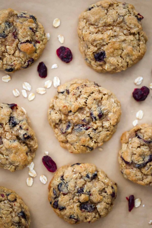 oatmeal craisin cookies on parchment paper.