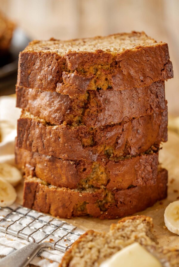 five thick slices of banana bread.