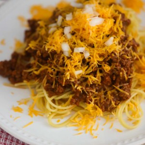Cincinnati chili on a white plate.