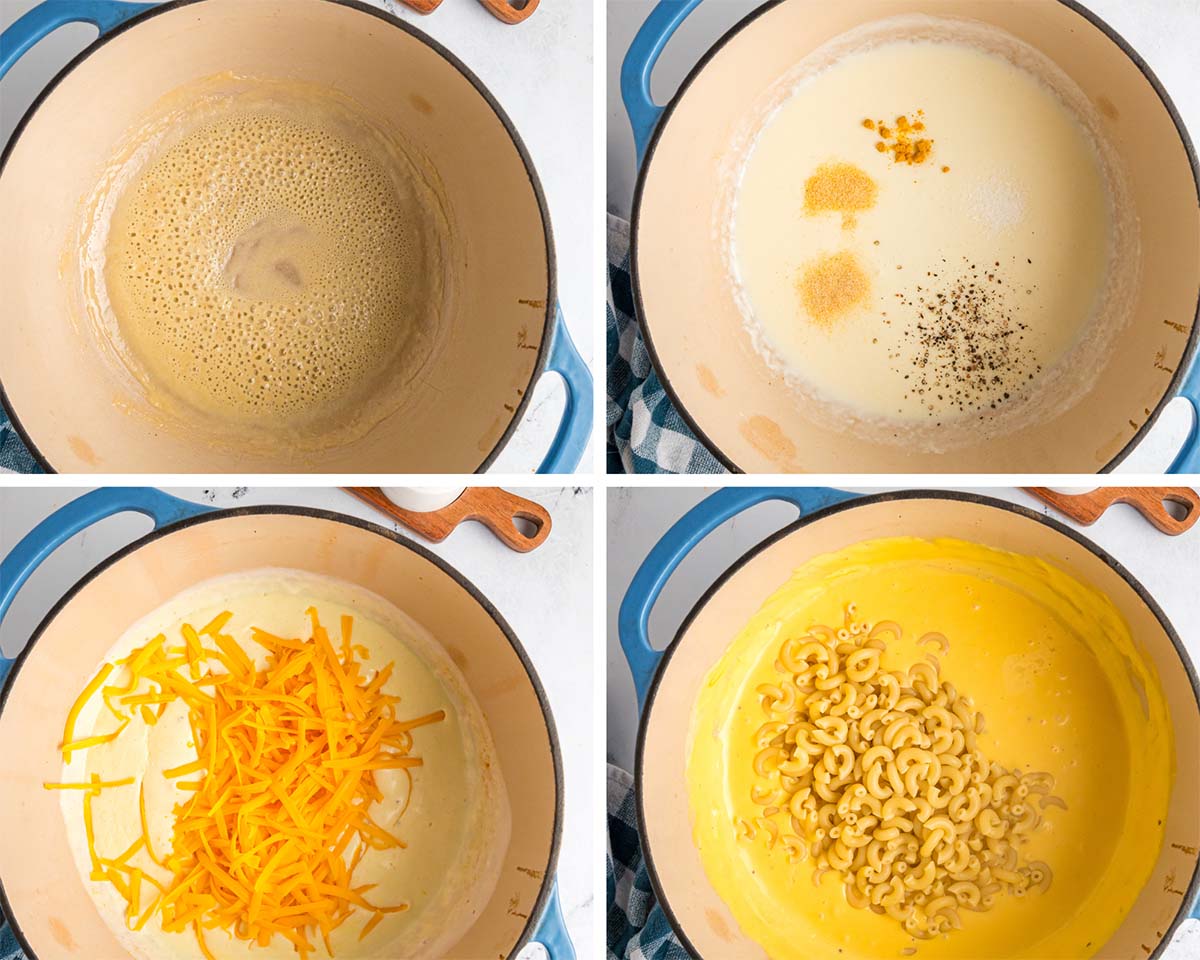 Four photo collage showing how to make mac and cheese on the stovetop. 