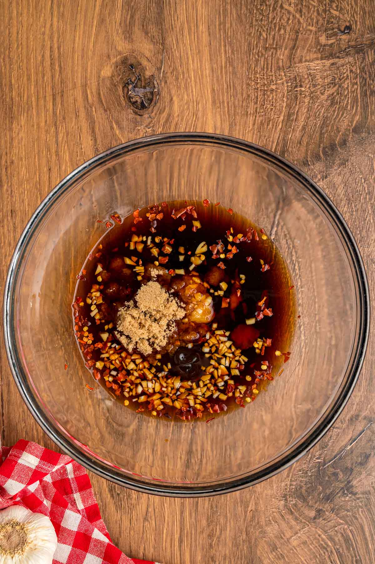 Soy sauce and brown sugar mixture in a bowl. 