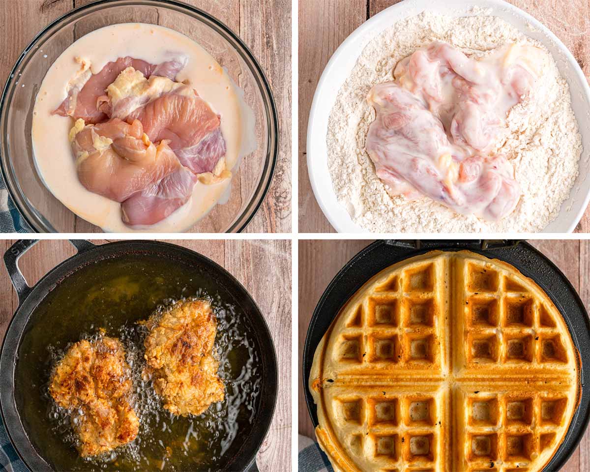 a four photo collage showing how to prepare the fried chicken and waffles. 