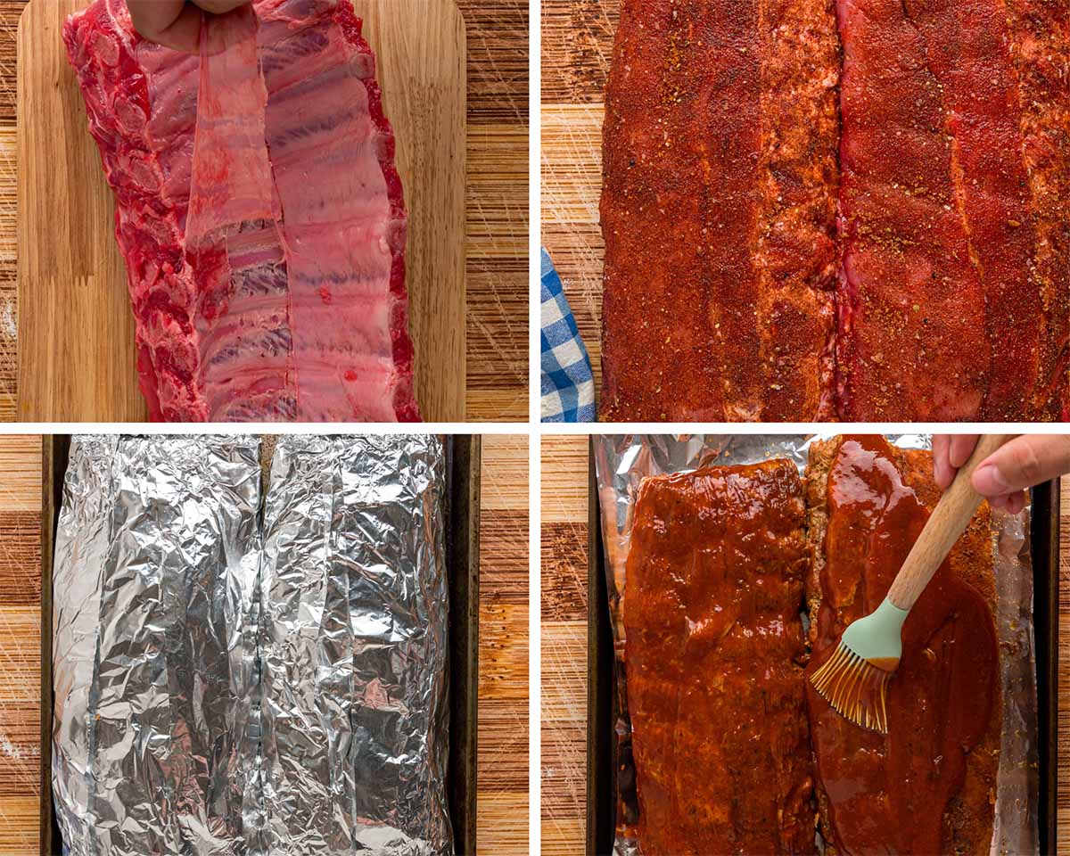 Four photo collage showing how to remove the membrane, season, and brush the ribs with sauce. 