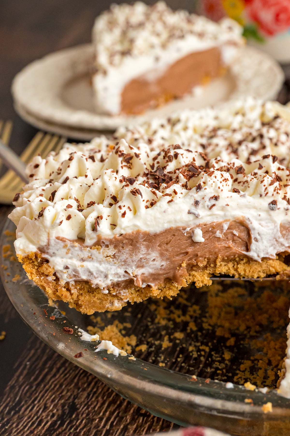 A French silk pie in a 9-inch pie dish. 