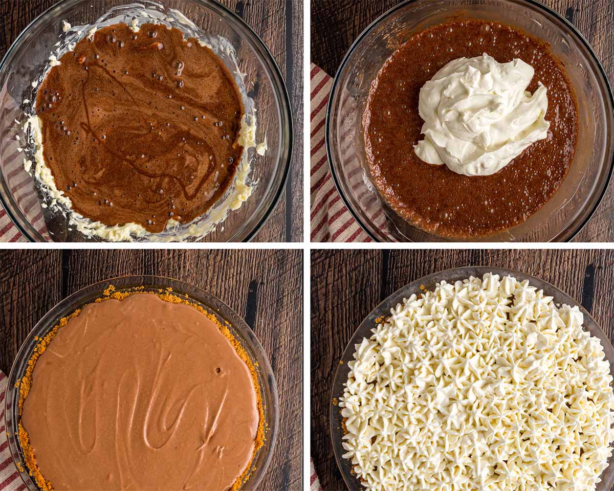 A four photo collage showing how to prepare a French silk pie. 