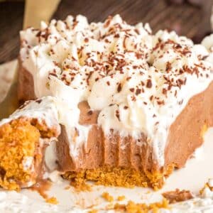 A slice of French silk pie on a plate.