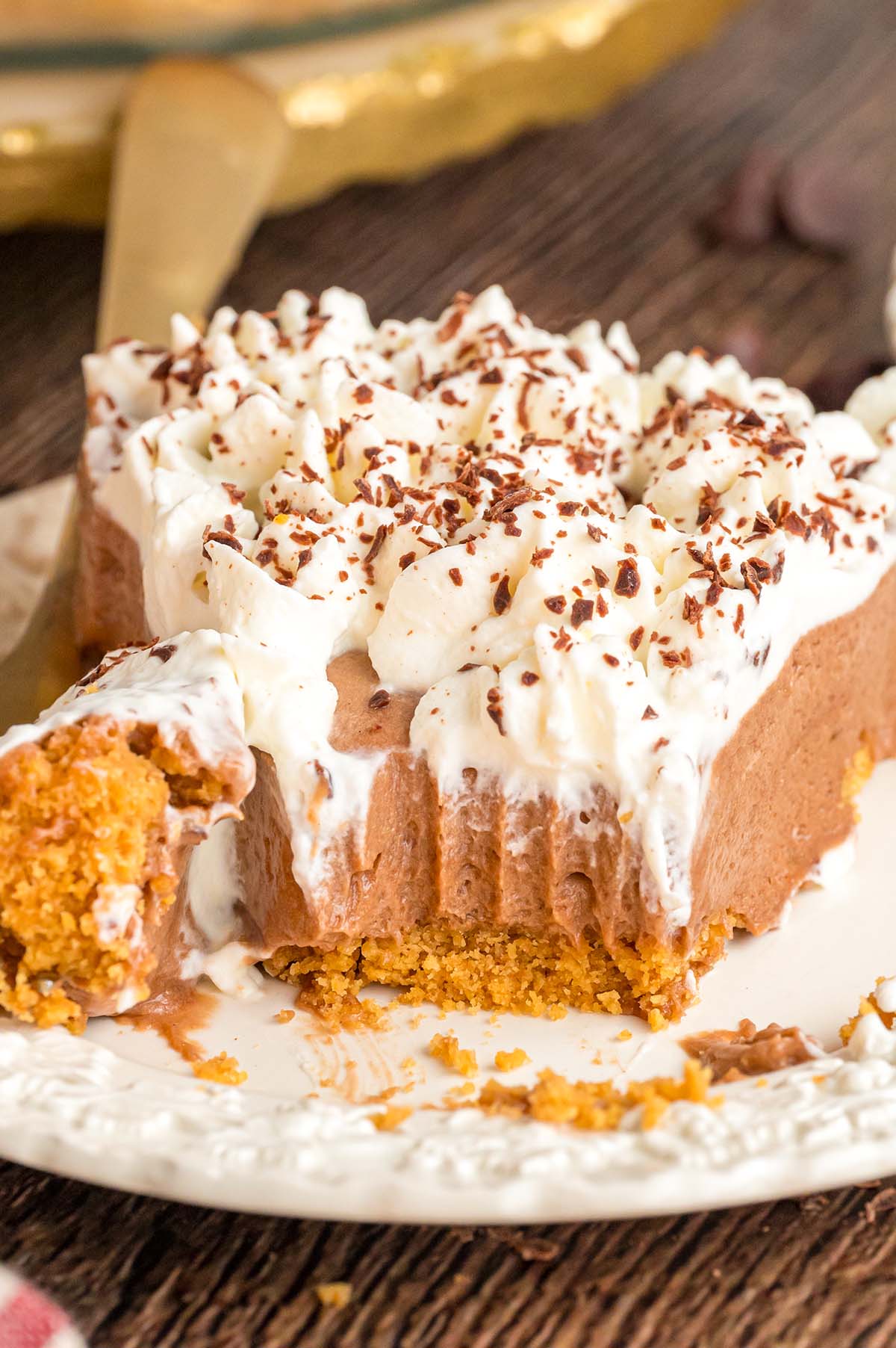 A slice of French silk pie on a plate.