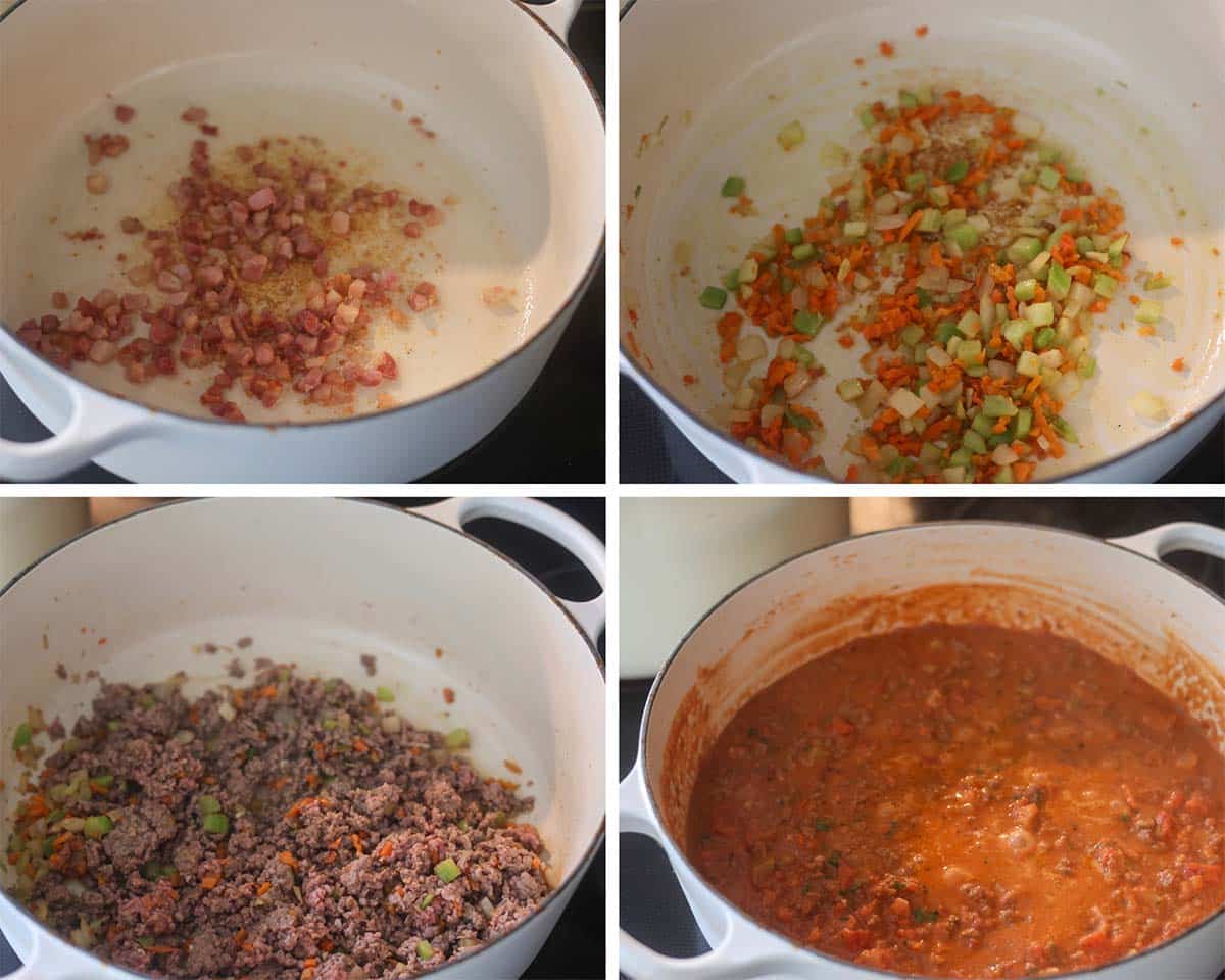 Four photo collage showing how to make bolognese. 